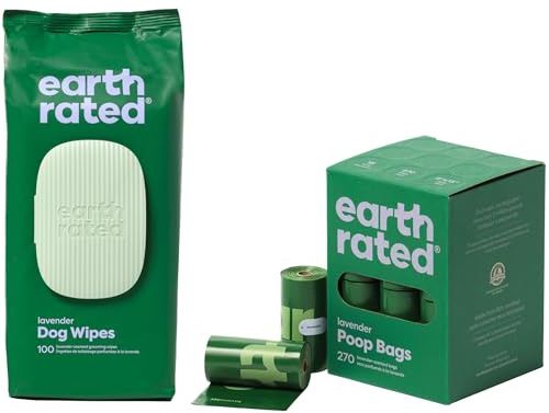 Earth Rated Hundekotbeutel, garantiert auslaufsichere und extra dicke Abfallsäcke Nachfüllrollen für Hunde, Lavendelduft, 270 Stück, mit Earth Rated Feuchttücher für Hunde, Lavendelduft, 100 Stück