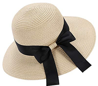 Moxamo Damen Sommer-Strohhut, Sonnenhut, UV-Schutz, Strandkappe, faltbares Visier, Schlapphut, breite Krempe mit Riemen, mit Schleife (Beige)