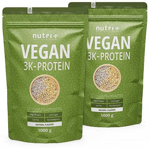 Nutri + Veganes Eiweißpulver Neutral ohne Süßungsmittel 2 kg - 85% Eiweiß vegan - Natural Proteinpulver unflavored 2000 g - natürlich auch zum Backen