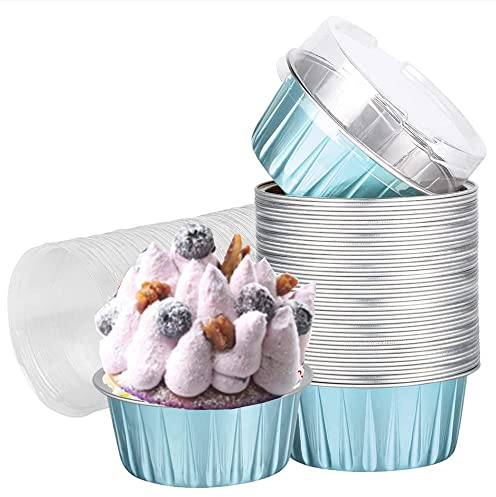 Cupcake-Backförmchen mit Deckel, 50 Stück, 125 ml, Muffinförmchen mit Deckel, Einweg-Folien-Backförmchen, Aluminiumfolie, Creme Brulee Cupcake-Halter, Pfannenbehälter (Kafran)