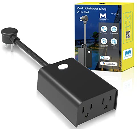 Minoston Outdoor Smart Plug, Wi-Fi Plugs Outlet with 2 Individual Control Sockets, Weather-Resistance, Work with Alexa, Google Assistant, 125V, 2.4 GHz Wireless Frequency, No Hub Required (MP24W)