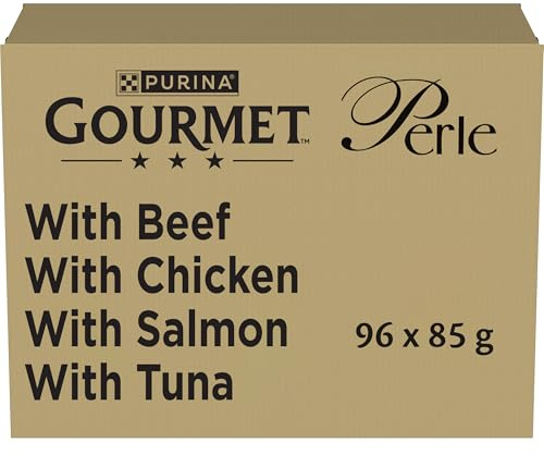 GOURMET Perle - Cibo Umido Gatto Adulto, Filettini in Salsa con Manzo, Pollo, Salmone, Tonno. 96 Buste da 85 g