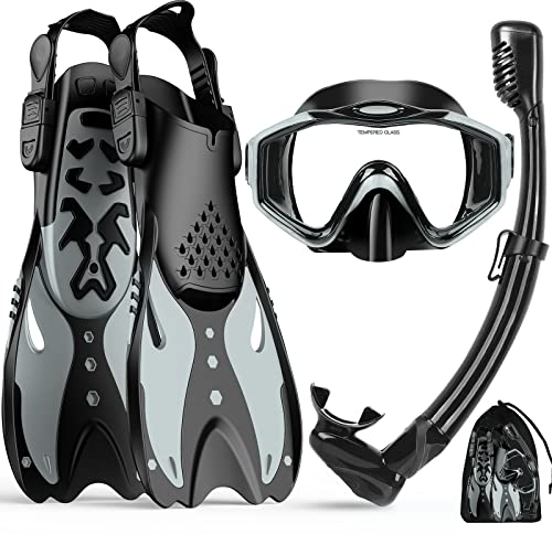 KUYOU Schnorchelset Erwachsene Mit Flossen Taucherflossen Schnorchel Schnorchelmaske Taucherbrille Beschlagschutz Panorama-Weitblick 3 In 1 Set