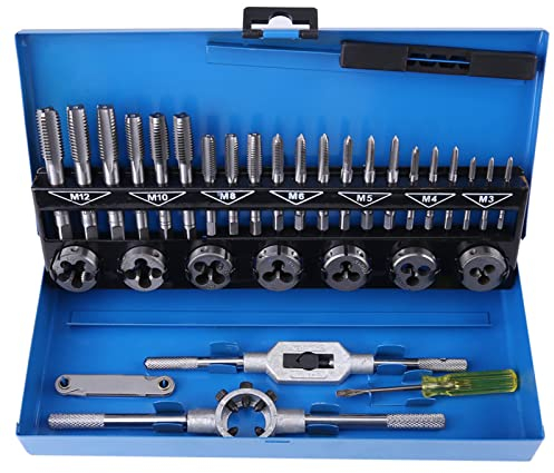 YyDDs Gewindebohrer- und Matrizensatz, Grobgewinde-Taping-Kit, Schraubenschlüssel, Gewindelehre, Hand-Hardware-Werkzeuge, tragbar für Fahrzeuge, Maschinen zum Erstellen von Gewinden, 32 Stück