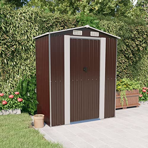 Yolola Metall Gerätehaus 192x108x223 cm Gartenhaus Metall Geräteschuppen Garten Schuppen Gartenhaus Satteldach Gartenhaus Schrank Kleine Gartenhäuser (Dunkelbraun)