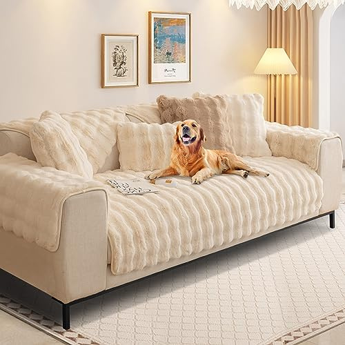 SHANNA Kaninchen Plüsch Sofabezug L Form 1/2/3/4 Sitzer Sofa Überzug Ecksofa U Form, Neue Universelle rutschfeste Sofaschoner, Superweiche SofaÜberwurf aus Kunstpelz für Wohnzimmer(Weiß, 90 * 240 cm)
