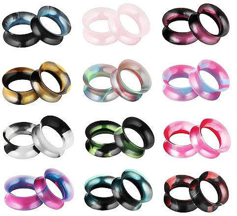 Heuvipens 24pc 12mm Graffiti Mixed Color Ear Plug Soft Flexible Silicone Double Flared Flesh Tunnel Gauge Set