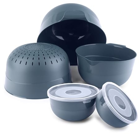 KADAX Lot de 5 bols, couvercle, saladier et bols à salade en plastique pour ranger les aliments, bol de service empilable, mélangeur (gris foncé)