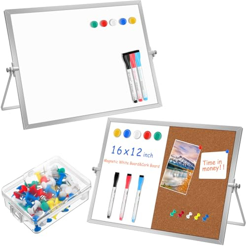 Chivertion Bulletin Board White Board Combo Large Corkboard Whiteboard Combo 16'' x 12'' Dry Erase Magnetic Desktop Corkboard Whiteboard for Home College Office Gifts