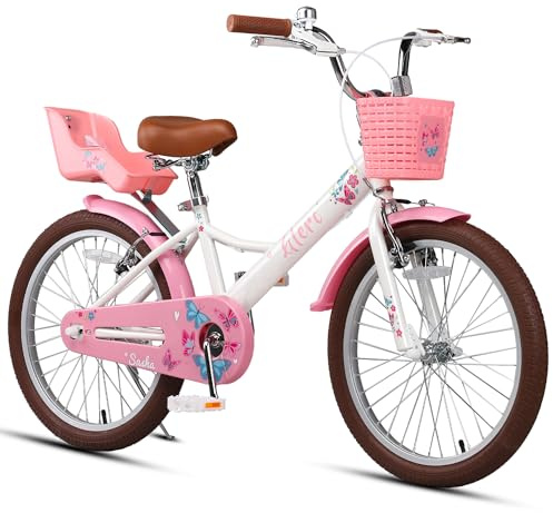 Glerc Sasha 20 tums barncykel för 7-, 8-, 9-, 10-, 11- och 12-åriga flickor i retrovintagestil barncyklar med dockcykelsäte och stödhjul och stativ, vit