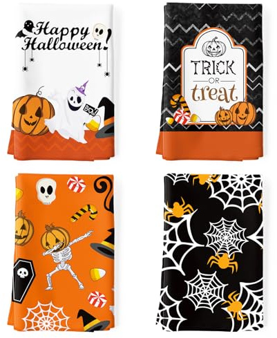Arquiel Strofinacci Da Cucina Cotone Set Di 4 Cartone Animato Di Halloween, Panni Da Cucina In 100% Cotone Zucca Multiuso Morbidi E Assorbenti Strofinacci Canovaccio Cucina Strofinacci Da Bar()