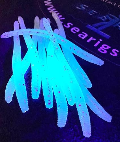 4 Finesse Worm, Glow in the Dark Bass Fishing, Soft Plastic, Drop Shot, Soft Plastic Baits, Bass Fishing Lures, baits, Soft Worm Lures, White with Green Glow x12