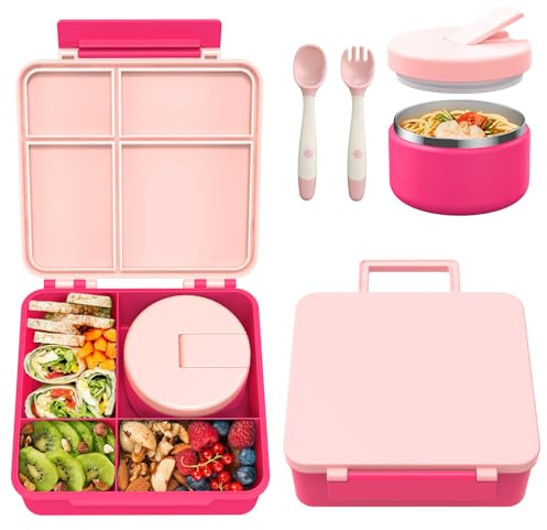 Itslife Brotdose Kinder mit 4 Fächern Set mit 300ml Thermobehälter für Essen, Auslaufsicher Bento Box, BPA-Freie, Lunchbox für Kinder, Erwachsen, Ausflüge, Rosa