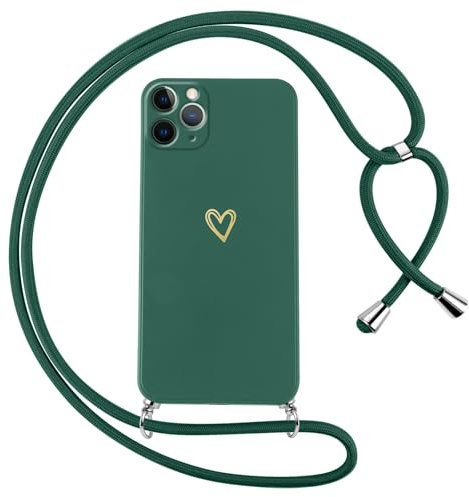 Oelrstfe Handyband für iPhone 11 Pro Hülle mit Band Herz Motiv Handyhülle für zum Umhängen Silikon Stoßfest Ultra Dünn Weich Schutzhülle mit Kordel Necklace Kette Love Muster Case,Grün