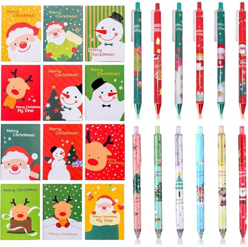 Shengruili Weihnachten Schreibwaren Set,12 Mini Notizblock Weihnachten,12 Weihnachts Kugelschreiber Cartoon,Weihnachtsgeschenke für Mitschüler und Kinder