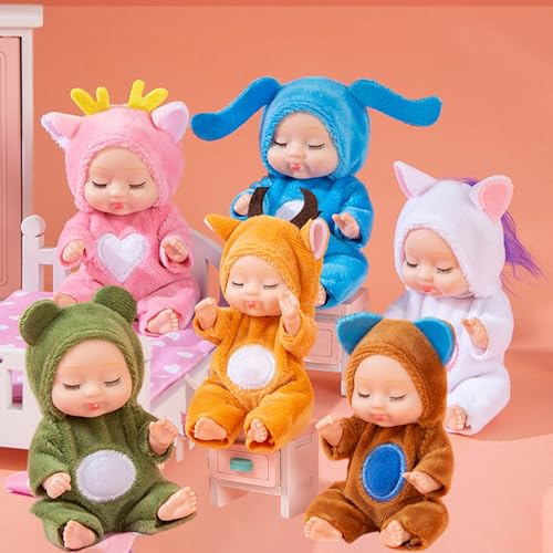 SQAQS 6 Stück Mini Reborn Puppen mit süßen Tierkleidern, 4.3 Zoll für Mädchen, Kleinkinder und Kinder, Newborn Reborn Baby, Mini-Babypuppe, Realistische Babypuppe, Waschbares (Tier)