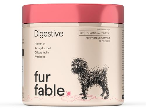 Fur Fable Ergänzungsfuttermittel für Hunde – Getreidefreie Hundeleckerli zur Unterstützung der Verdauung – Mit Probiotika, Lachsöl & Kolostrum – 180g / 60 Stück