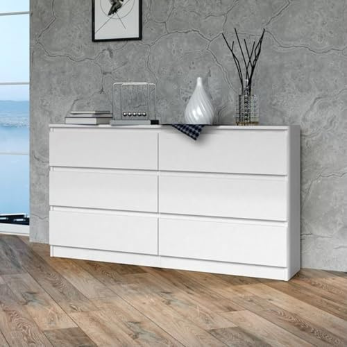 Home Collective Kommode, Schlafzimmer Flur, Schrank, Sideboard, Highboard mit 6 Schubladen, Breite 140 cm Höhe 75 | Weiß Perfekt für Wohnzimmer, Schlafzimmer oder Esszimmer