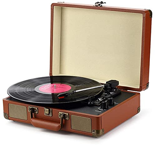 MRKU Giradischi a Valigia con Altoparlanti integrati, Giradischi Bluetooth a 3 velocità, Supporto per Dischi da 12/10/7 Pollici, Jack per Cuffie, Lettore Vinile Vita Interessante