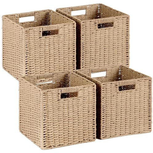 Woven Wicker Storage Baskets 4-Pack, 11x11 Handwoven Paper Rope Organizer Bins, Foldable Cube Storage Cubes with Built-in Handles for Shelves and Closet Organization(Natural Beige)