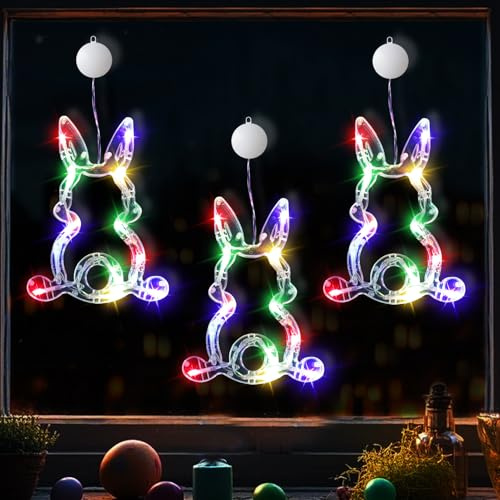 ACAREY 3 Stück Osterdeko Fenster Licht, Ostern Hasen zum Aufhängen Lichterkette mit Saugnapf, Fenster Deko Lichterkette Batteriebetrieben, Ostern Fenster Licht für innen Schlafzimmer Deko