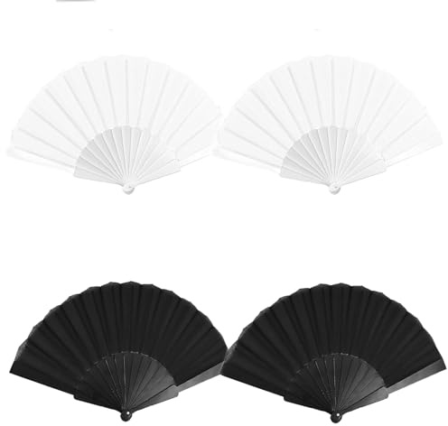 JISRKP Hand Fan Folding, 4 Pcs Handheld Folding Fan, Chines/Spanish Hand Fans for Women for Dancing Cosplay Props Wedding Party Home Decorations Birthday Gifts (Black+White)