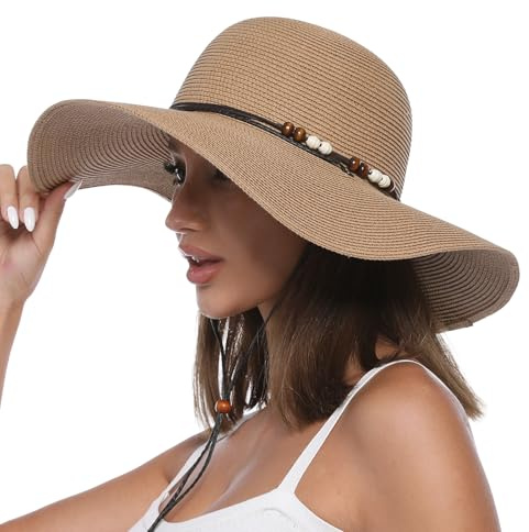 Creekstone Chapeau de Paille Soleil pour Femme à Large Bord UPF 50 Protection Solaire Pliable Chapeau Souple de Plage d'été avec Cordon coupe-vent (FR/ES, Alpha/lettres, L, Kaki)