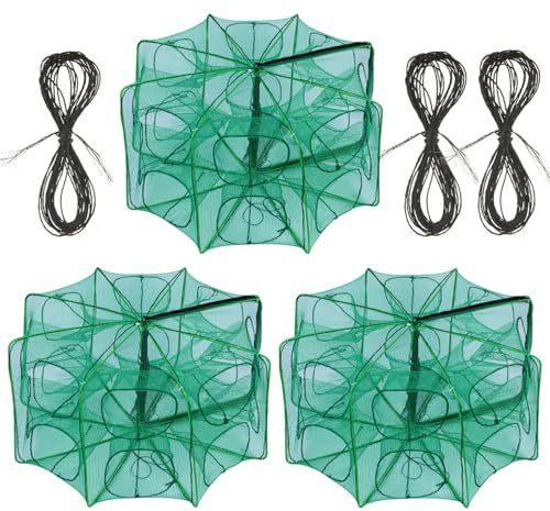STARVAST 3 PCS Fishing Bait Trap, 12 Holes Portable Nylon Fishing Net Foldable Fish Cast Mesh Trap Net for Fishes, Shrimp, Minnow, Crayfish, Crab, Crawdad