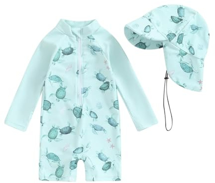 Baby Mädchen Badeanzug Einteiler Rash Guard Badeanzüge Mit Sonnenhut Baby Schutz Badebekleidung Langarm Reißverschluss Rushguard UPF 50+ Sonnenanzug Bademode Schwimmanzug