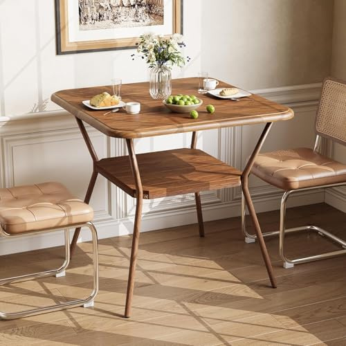 Tribesigns 31.5-Inch Square Dining Table for 2-4 People, Round Corners, DiningTable with 2-Tier Shelf, Small Table for Dining Room, Pantry, Meeting Room, Walnut Brown