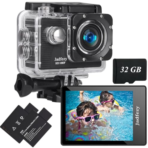 Jadfezy Action Cam FHD 1080P mit 32GB Karte, Unterwasserkamera wasserdicht bis 30M, 140 Grad Weitwinkel Action Kamera mit Zwei 900 mAh wiederaufladbare Akkus und Zubehör-Set（32GB）