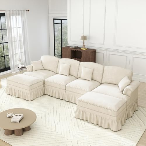 A ALFRESCOOL Wohnlandschaft U Form, Modulares 4 Sitzer Sofa, mit 2 Ottomane, Trichter-Armlehnen, Abnehmbarer Rüschenschürze & Beweglichem Hocker, Chennille-Stoff, 350×140×93cm (Weiß)
