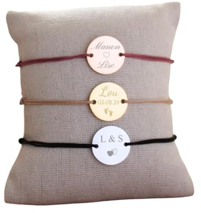 bracelet fil fin médaillon personnalisé - -gravure-pendentif or argent ou or rose- acier inoxydable -cadeau femme fille homme bébé - 33 couleurs de fil au choix