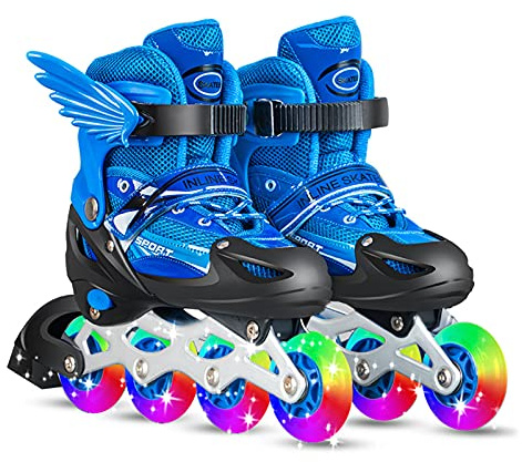 Alomejor Verstellbare Leuchtende Inline-Skates mit ABEC-7-Lager für und Erwachsene, Sichere Bremse, für Indoor-Outdoor-Skating-Erlebnis, PVC + Mesh, Blau/Golden/Rosa/Rot, /Mittel/Groß (S)