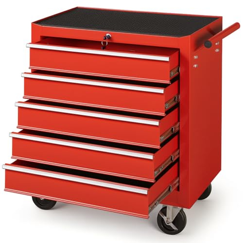 STAKMANN Carrello Portautensili con 5 Cassetti in Acciaio, Carrellino per Attrezzi Multiuso, Armadietto per Strumenti di Lavoro con Ruote, Ideale per Officine, Garage, Fai da Te, 68 x 33 x 78 cm