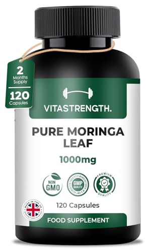 Vitastrength Pure Moringa Leaf 1000mg | High Strength Moringa Oleifera Powder | 120 Capsules (60 Day Supply) | Made in UK | Non-GMO
