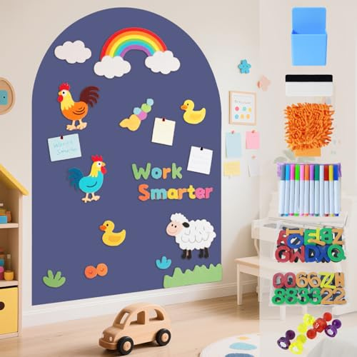 FOTSHARER Autocollant mural magnétique 100 x 80 cm Tableau noir magnétique pour mur de jeu avec lettres et craie de 12 couleurs pour salle de jeux, maison, bureau, école
