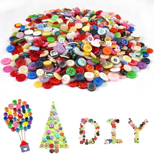 1000 Stück Bunte Knöpfe zum Basteln, 2 und 4 Löcher Runde Bastelknöpfe aus Harz, Knöpfe Klein, Durchmessern von 0,9 cm Bis 1,5 cm, Bunt Knopfe, Ideal zum Nähen, Basteln und Verzieren von Accessoires