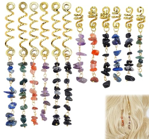 PH PandaHall 6 Styles Accessoires Capillaires en Pierre 12PCS Breloques de Tresse en Pierre Gemme Naturelle Spirales d'Or pour Dreadlocks Accessoires de Cheveux Ajustables pour Femmes Festival Musique