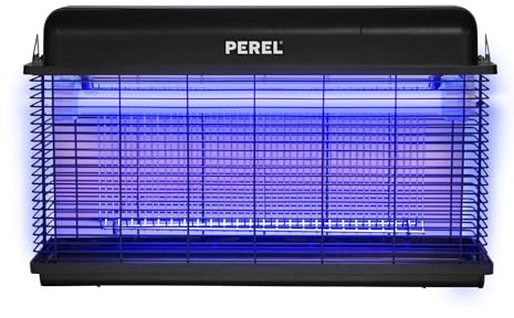 Perel Elektrischer LED UV Insektenvernichter, 3000V Hochspannungsgitter, IPX4 spritzwassergeschützt, abnehmbare Auffangschale, 100 m² Abdeckung, leistungsstark für Innen und Außen