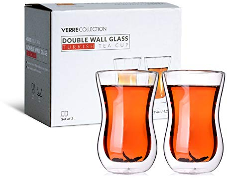 Verre Collection Vasos Doble Pared Cristal - Taza Doble Pared Cristal Té Turco - Juego de 2 Vasos Turcos de Té - Tazas de Té Térmicas Frío y Calor (125 ml) - Vasos Cristal Borosilicato Café Turco
