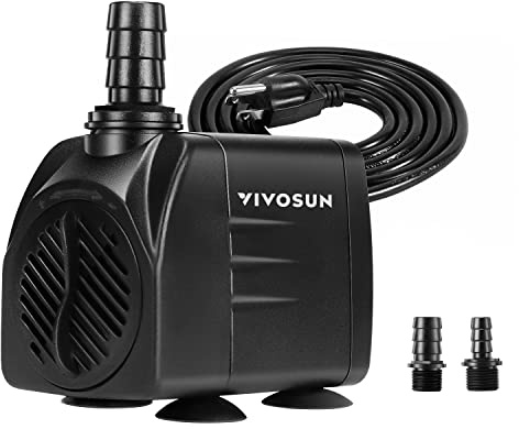 VIVOSUN 480GPH Submersible Pump(1800L/H, 25W), Ultra Quiet Water Pump with 7.2ft High Lift, Fountain Pump with 5ft Power Cord, 3 Nozzles for Fish Tank, Aquarium, Statuary, Hydroponics Black