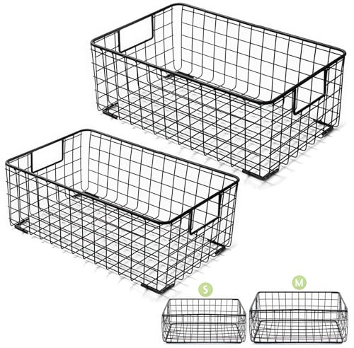 Kingrol 2 Pack Wire Storage Baskets with Handles, Metal Organizer Basket Bins for Home, Office, Nursery, Laundry Shelves Organizer