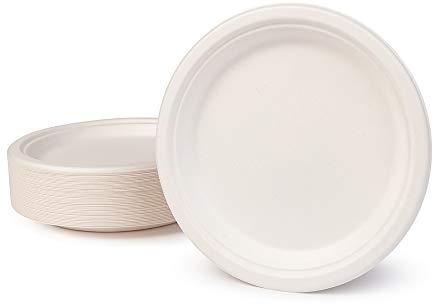 GREENBOX set di 50 piatti usa e getta in canna da zucchero, rotondi, colore bianco, 22 cm, biologici, monouso, per feste