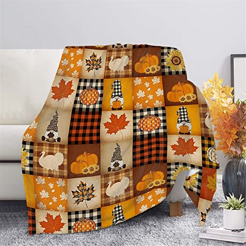 HUGS IDEA Coperta regalo del Ringraziamento Autunno Caldo Arancione Plaid Collage Gnomo Coperta Girasole Zucca Acero Reticolo Patchwork Divertente Tiro per Genitori e Bambini-S