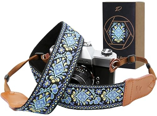 Vintage Blau Kameragurt –Doppellagiges Echtem Leder Enden,2 Kameragurt aus Reine Baumwolle Bestickt Gewebt, Verstellbarer Universal Schulter oder Nackengurt für alle Kameras, Geschenk für Fotografen
