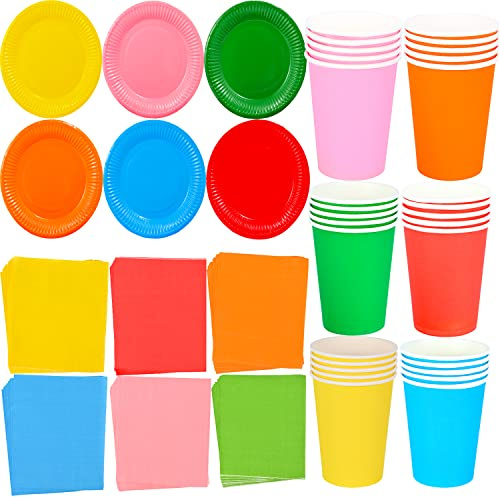 NAUZE Rainbow Party Supplies 72 Pieces Multicolor Party Tableware Cocktail Luncheon Beverage Serviette Napkins Paper Plates 9oz Cups for Shower Engagement Wedding Birthday Party