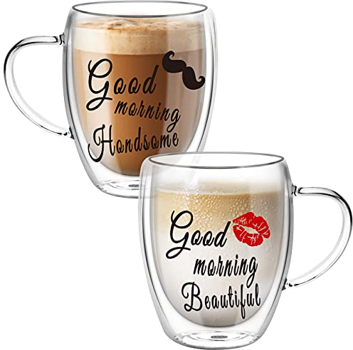 Top-spring Double Walled Glass Coffee Cups for Couples, Insulated Latte Glasses Couple Mugs Set of 2, Mug Tea Cups with Handles, Heat Resistant, 350ml Cappuccino Espresso Cup