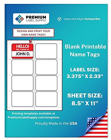 Premium Label Supply Blank Printable Name Tag Stickers - 2-1/3 x 3-3/8 - Laser/Inkjet Compatible – (8 per Sheet), 25 Sheets – 200 Total Adhesive Name Tags