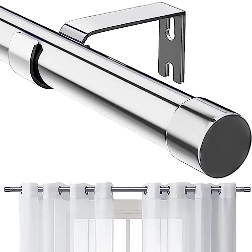 Gardinenstange, 76-340 cm Gardinenstangen mit Kappenknäufen mit Halterungen, Beschläge-Set aus Edelstahl, 16 mm Durchmesser Vorhangstange Verstellbare Dekorative für Schlafzimmer/Silber